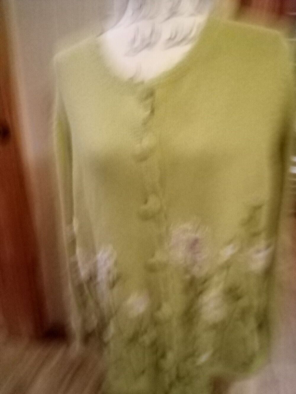 Orvis Women's L Green Cotton Blend 3D Floral Embroidered Cardigan Sweater